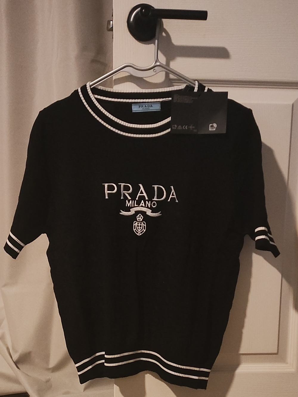 Prada Black Short Sleeve Knit Top with White Trim